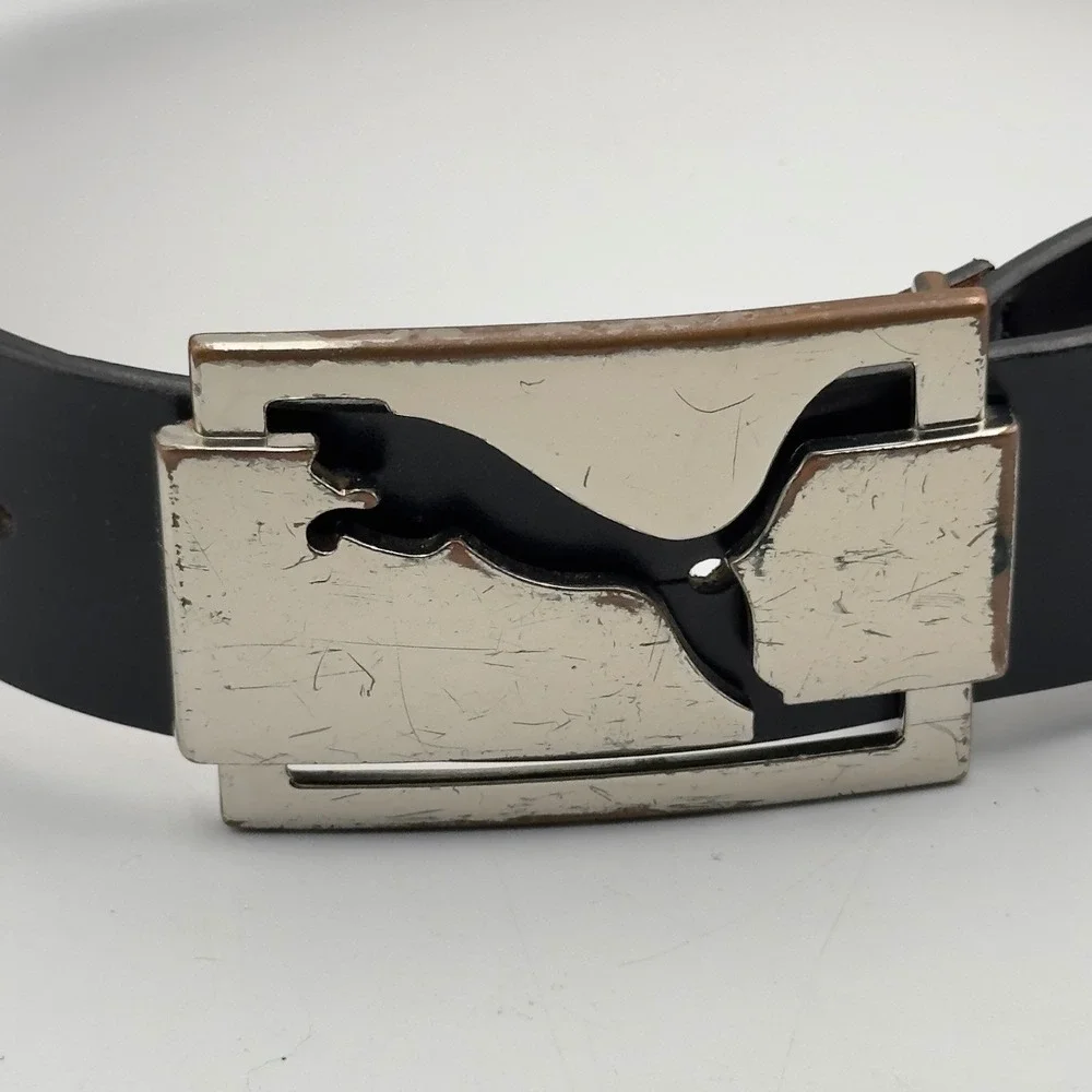 Puma Black Genuine Leather Belt Silver Logo Cutout Plaque Buckle Size S 80cm
